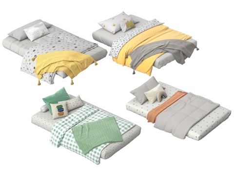  现代极简榻榻米床厚床垫多色床品组合单人床卧室设计素材3d模型下载 