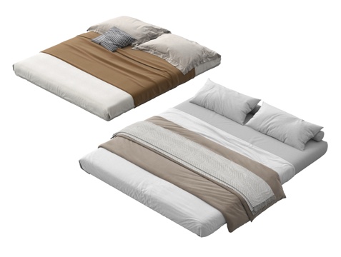  现代极简榻榻米床3d模型下载 双人床带厚床垫 白色床品 卧室家具设计 