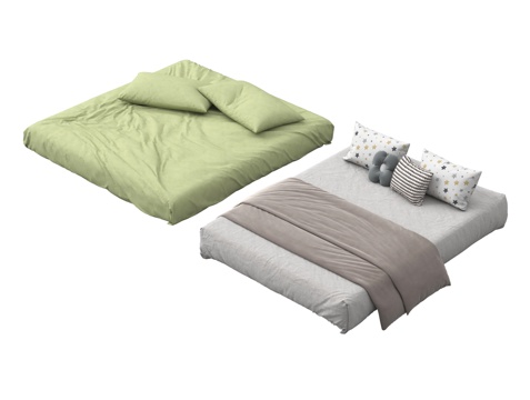  榻榻米床3d模型下载 现代简约双人床厚床垫床品套装 卧室设计 