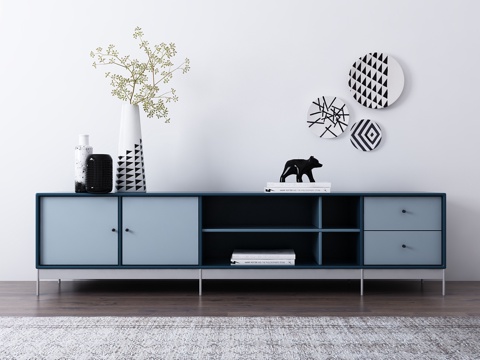  现代简约蓝色木质电视柜 地毯 饰品模型3d模型 