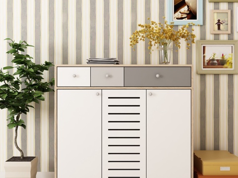  现代鞋柜绿植相框饰品3d模型 