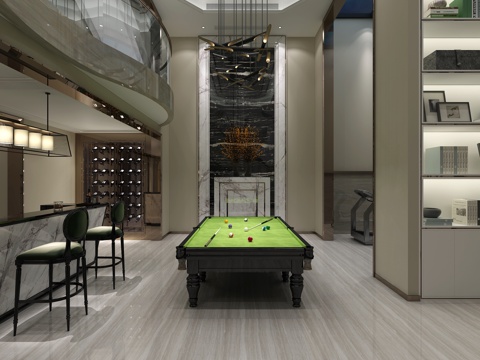  现代地下室 吊灯 酒柜 水吧台 台球 活动室3d模型 