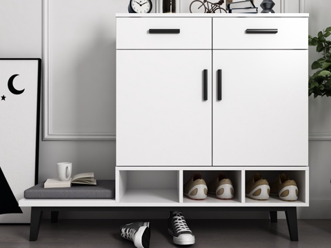  北欧鞋柜 鞋凳组合 鞋子 地毯 绿植 画 饰品3d模型 