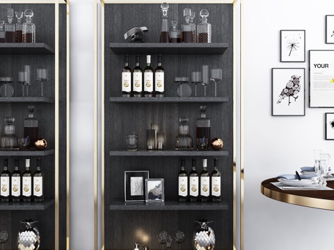  新中式酒柜 餐边柜 酒瓶 酒杯 饰品模型3d模型 