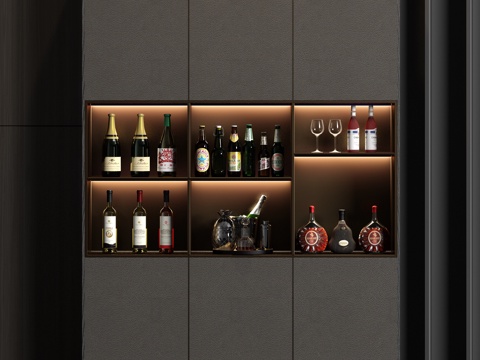  现代皮革酒柜酒瓶饰品组合3d模型 