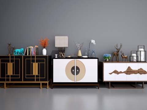  新中式餐边柜 中式装饰柜 中式端景柜 中式实木餐边柜3d模型 