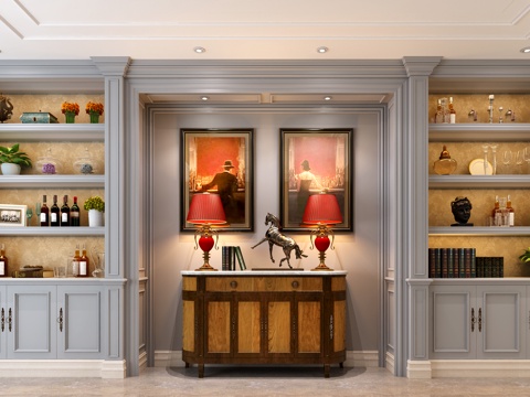  欧式酒柜 美式酒柜 端景台 台灯 挂画 装饰品摆件3d模型 