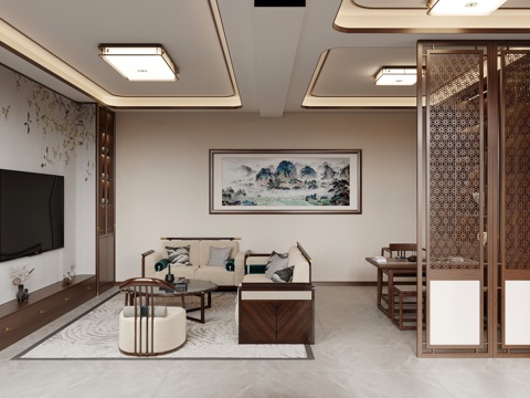  新中式会客厅3d模型 