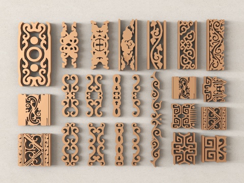  中式金属雕花 装饰花纹 仿古雕花 浮雕构件 镂空花纹 立体浮3d模型 