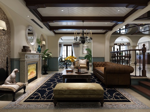  美式会客厅酒吧台组合 沙发茶几 壁炉 酒柜 壁炉3d模型 