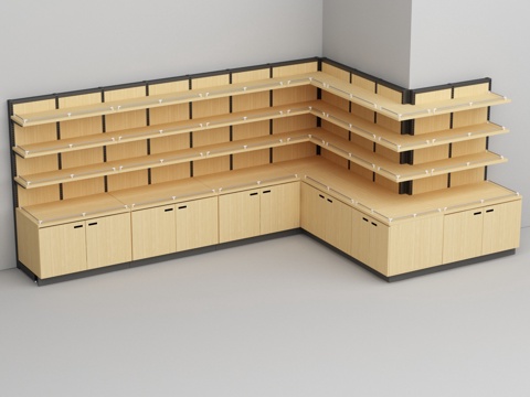  超市便利店钢木结构带开门柜转角货架3d模型 