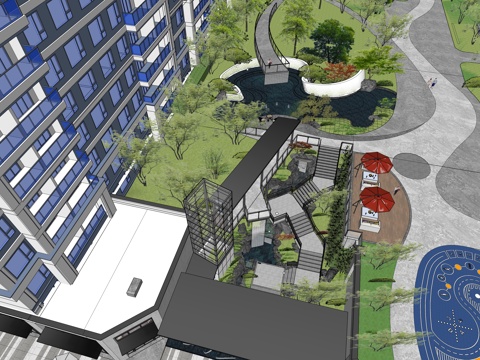  现代小区高差景观su模型 