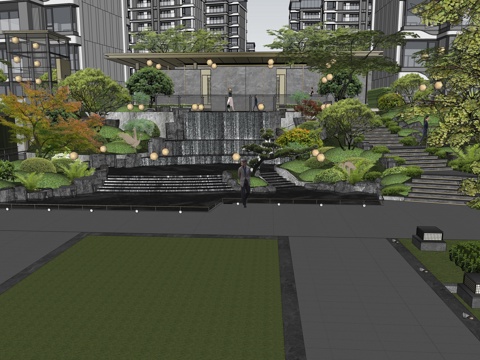  新中式小区景观台阶su模型 