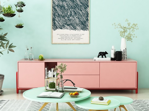  北欧电视柜 茶几 挂画 绿植 地毯 饰品模型3d模型 