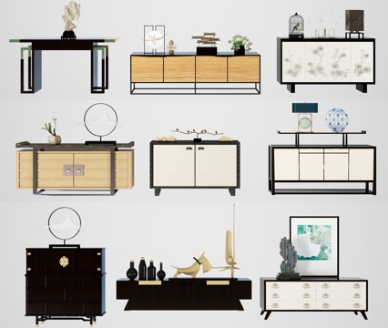  新中式案几 装饰柜 玄关柜 边柜 电视柜组合3d模型 