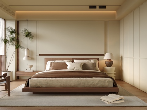 现代卧室 双人床 床头吊灯 台灯su模型