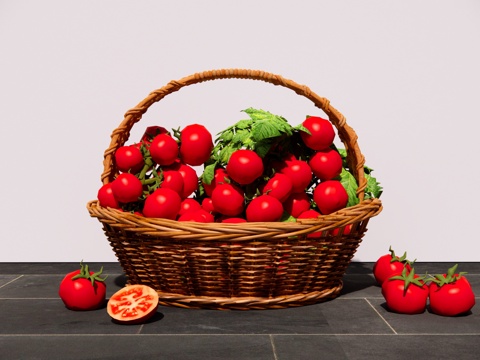  水果蔬菜组合 竹编菜筐菜篮 蔬菜篮 番茄 西红柿su模型 