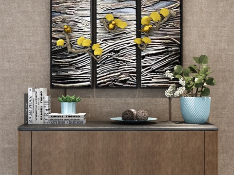  边柜 植物 玄关柜 餐边柜 挂画 墙饰 现代边柜 书 装饰品3d模型 