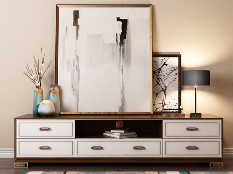  现代中式电视柜 画台 灯 地毯 饰品3d模型 