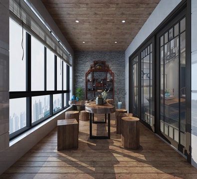  中式生活阳台品茶区3d模型 