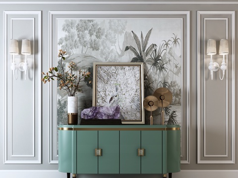  简欧边柜 玄关柜 壁灯 花瓶 水晶石 挂画 壁画 饰品摆件3d模型 