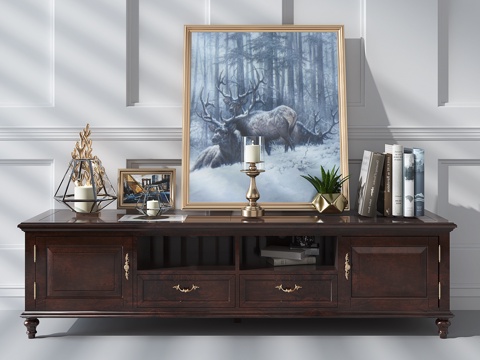  美式电视柜  挂画 烛台 书 摆件3d模型 