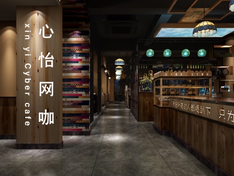  工业风网咖网吧3d模型 