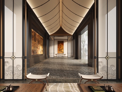  中式酒店会所走廊 酒店屏风 中式吊顶3d模型 