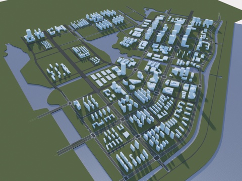  现代玻璃体  规划体块 鸟瞰规划 道路规划 城市体块3d模型 