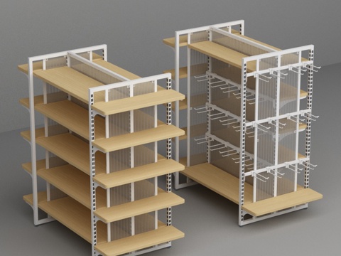 超市便利店钢木名创优品透明阳光背板挂钩货架3d模型 