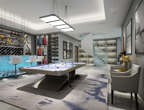  欧式简约娱乐室 吊灯 台球桌 酒柜 吧台 旋转楼梯3d模型 