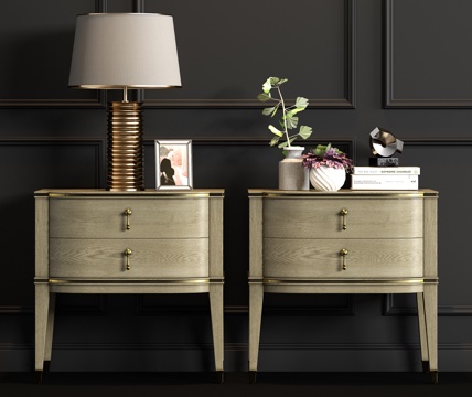  新中式实木床头柜台灯饰品组合3d模型 