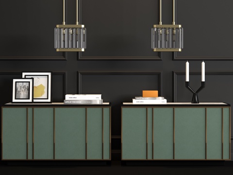  新中式金属皮革床头柜 饰品 吊灯组合3d模型 