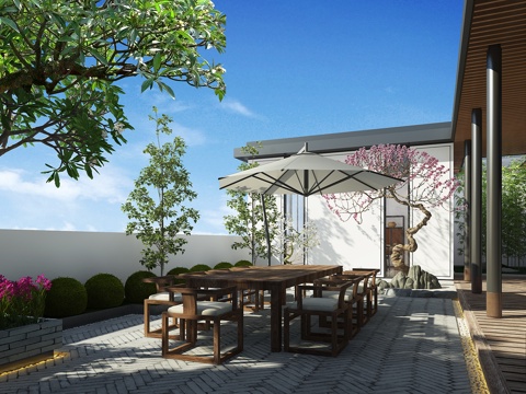  新中式花园 露台 桌椅 植物3d模型 