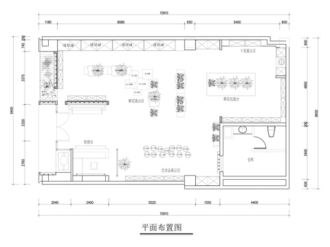 鮮花店平面布置圖cad施工圖 