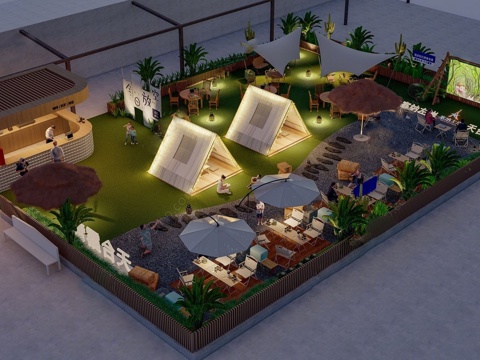  现代外摆 天台露营 户外餐厅su模型 