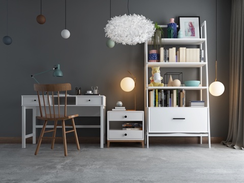  现代书房书架书柜书桌吊灯组合3d模型 