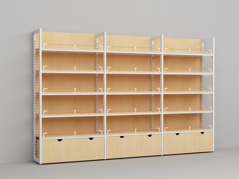  超市便利店钢木结构外四柱木层板靠墙货架3d模型 