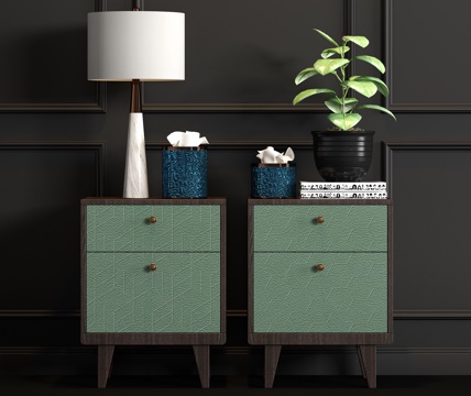  新中式实木 皮革床 头柜 台灯 盆栽 饰品组合3d模型 