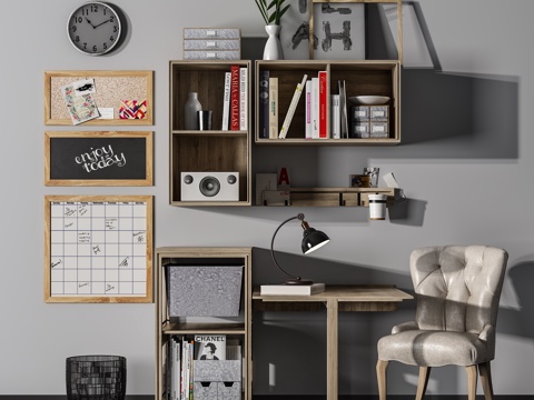  北欧书柜 书桌 书 饰品组合3d模型 