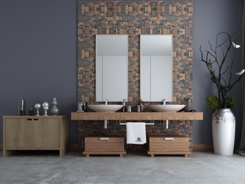  新中式浴室柜台盆柜中式摆件3d模型 