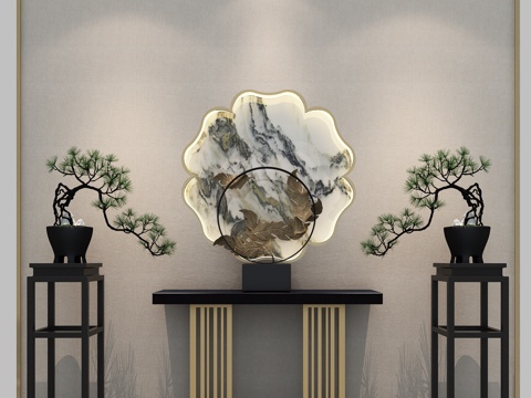  新中式边柜 玄关柜 花架 金属摆件3d模型 