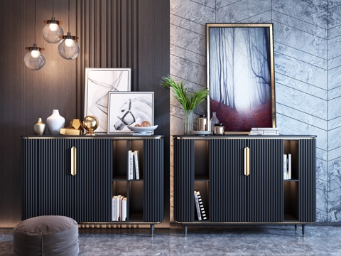  现代玄关柜 边柜 装饰柜 凳子 挂画 装饰品 吊灯3d模型 