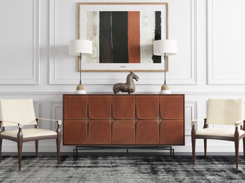  美式玄关柜单椅组合 马 雕塑摆件 台灯 挂画3d模型 