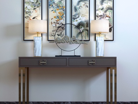  新中式边柜 玄关柜 台灯 装饰柜 饰品摆件3d模型 