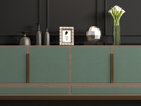  新中式实木皮革端景柜饰品组合3d模型 