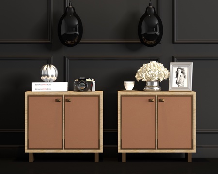  新中式实木皮革床头柜饰品吊灯组合3d模型 