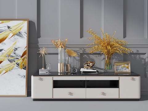  现代轻奢电视柜  花艺 花瓶 挂画3d模型 