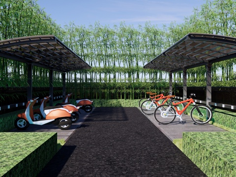  新中式非机动车停车场 车棚 雨棚 自行车棚 电动车棚 充电桩su模型 