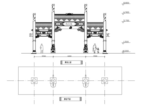  牌坊平、立面施工图cad施工图 